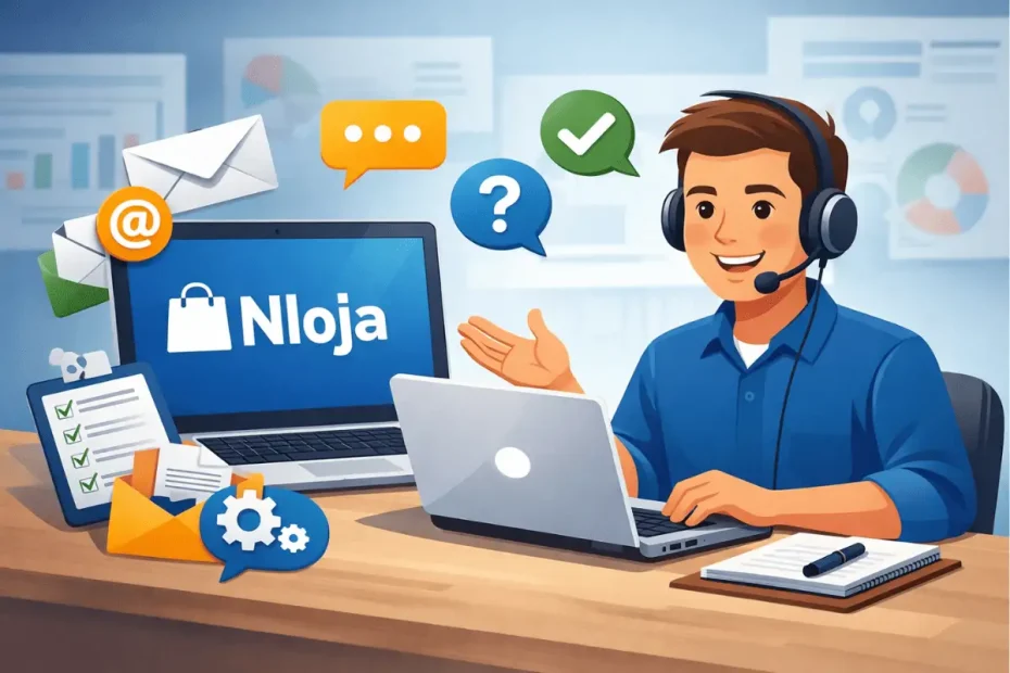 Ilustração representando atendimento e suporte da Nloja, com ícones de contato, e-mail e sistema de suporte para loja virtual.